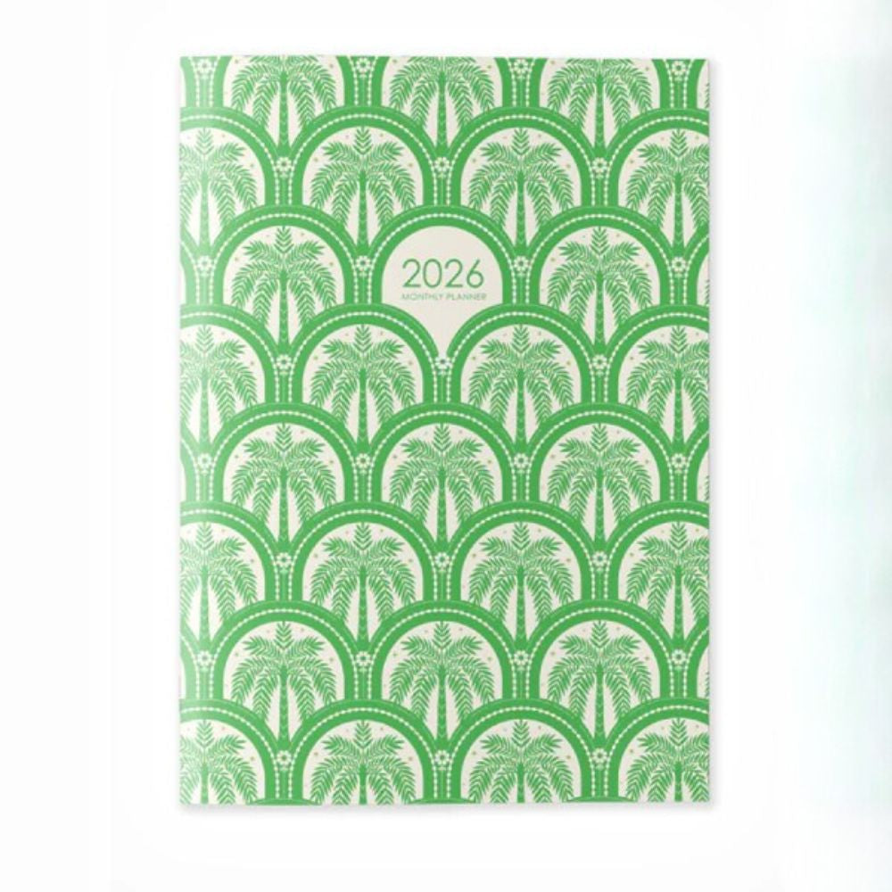 Green and white patterned calendar with '2026' on a white background