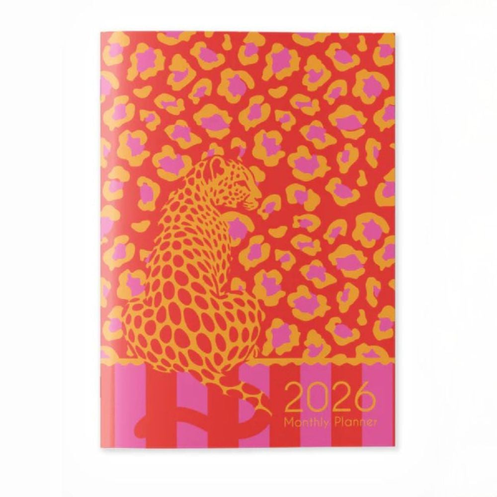 2026 monthly planner with a colorful leopard pattern on a red background
