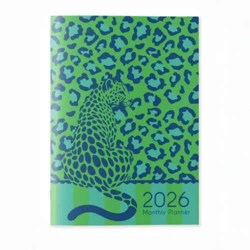 2026 monthly planner with blue leopard pattern on green background