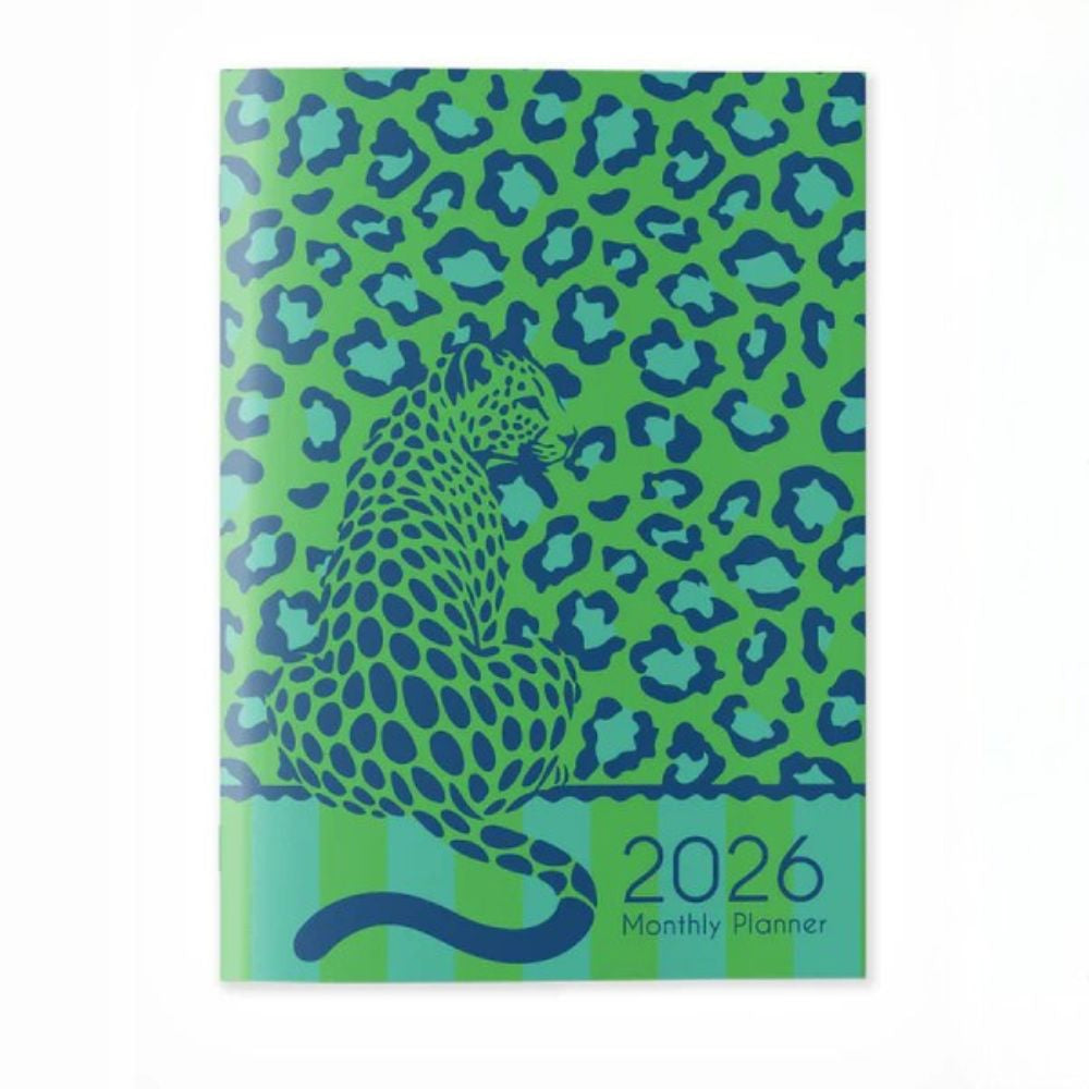 2026 monthly planner with blue leopard pattern on green background