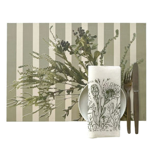 Placemat with striped floral pattern, napkin with floral design, and cutlery on a white background