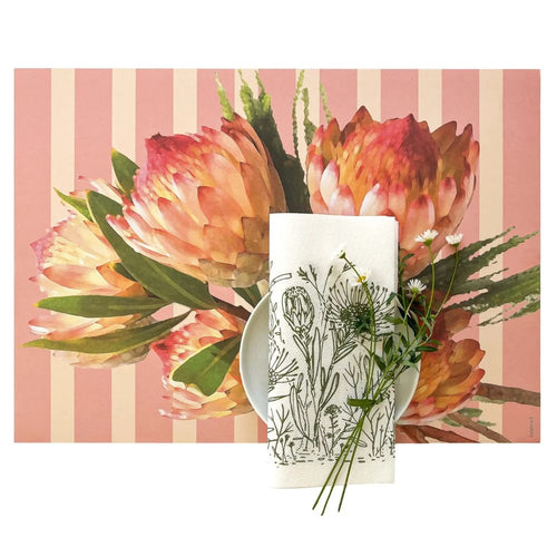Pink Placemat with floral design on a striped background