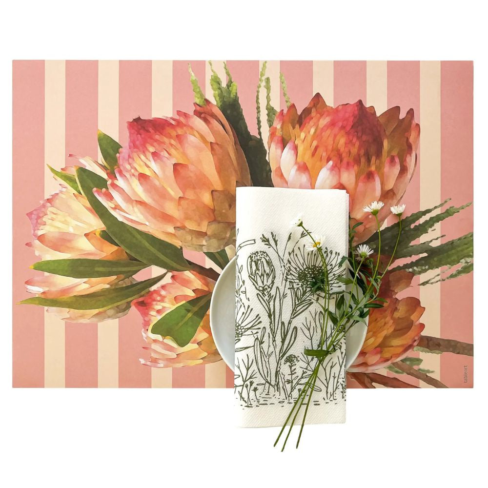 Pink Placemat with floral design on a striped background