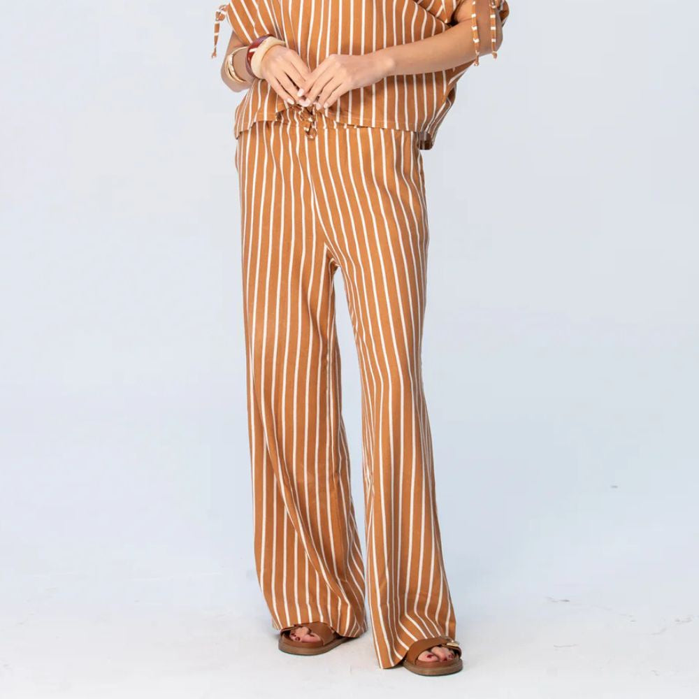 Signature Sydney Wide Leg Cargo Pants  - Camel & White Stripe
