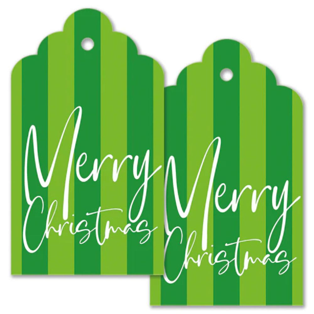 Two green striped 'Merry Christmas' gift tags on a white background