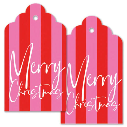Two red and pink striped gift tags with 'Merry Christmas' text on a white background.
