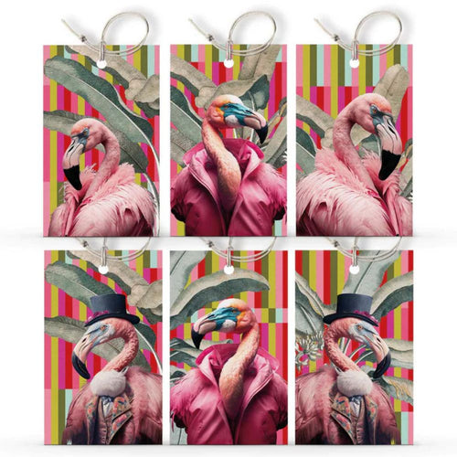 Set of six gift tags with pink flamingo designs on a colourful striped background