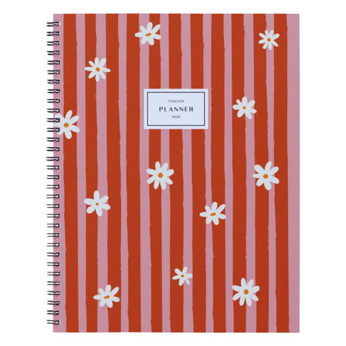 Teacher Planner with red and pink striped cover and white flowers, labeled 'Teacher Planner'.