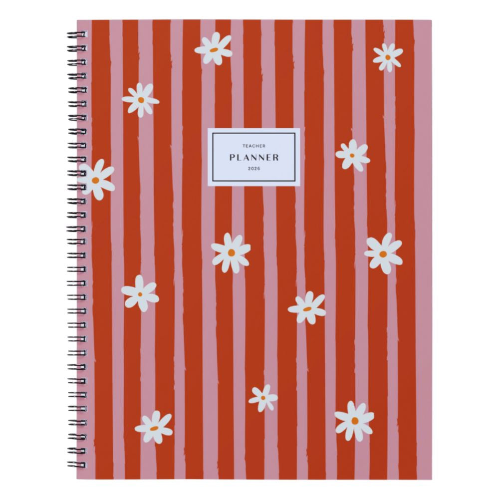 Teacher Planner with red and pink striped cover and white flowers, labeled 'Teacher Planner'.