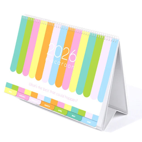 Colorful desk calendar with pastel stripes on a white background
