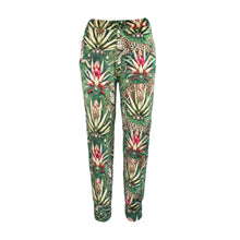 Load image into Gallery viewer, Rush Activewear Velvet Cuff Pants in Wild Emerald print - Tropical pattern with leopards &amp; plants on a green background
