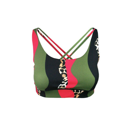 Multicolored sports bra with animal print details on a white background