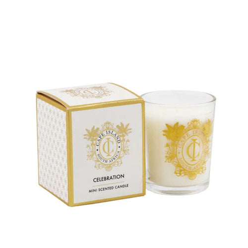 Cape Island mini scented candle with gold logo and packaging on a white background