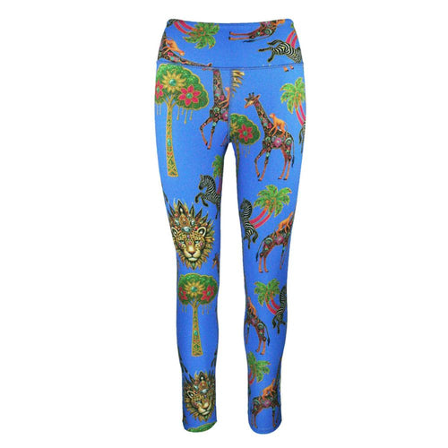 Colorful animal-patterned Rush Activewear leggings with a blue background