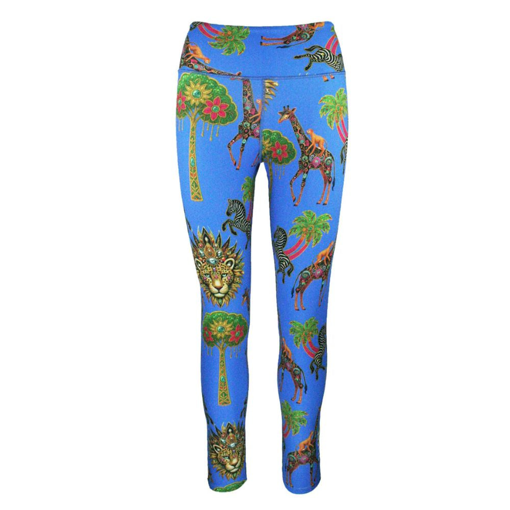 Colorful animal-patterned Rush Activewear leggings with a blue background