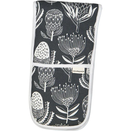 A Love Supreme Double Oven Gloves - Floral Kingdom White on Grey