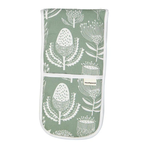 A Love Supreme Double Oven Gloves - Floral Kingdom White on Sage