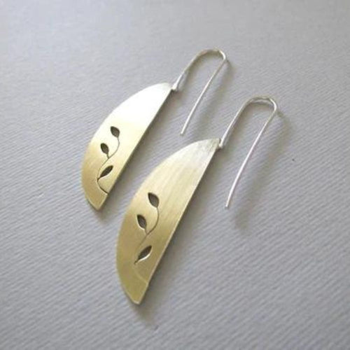 Brass Half Oval Earrings with Botanical Cut-out